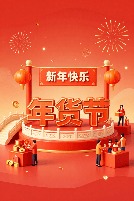 中国红素材：年货节庆典：中国红立体插画新年促销背景