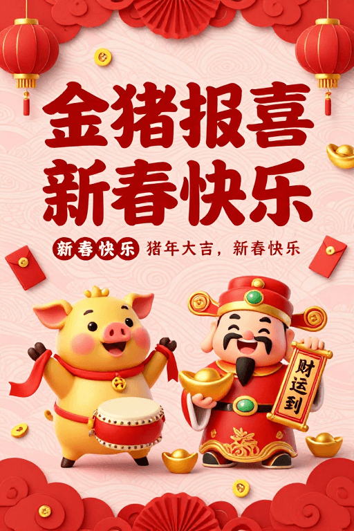 春节海报素材：金猪财神贺岁·红金中国风新年海报