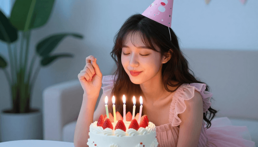节日氛围素材：亚洲少女粉色装扮烛光许愿生日时刻