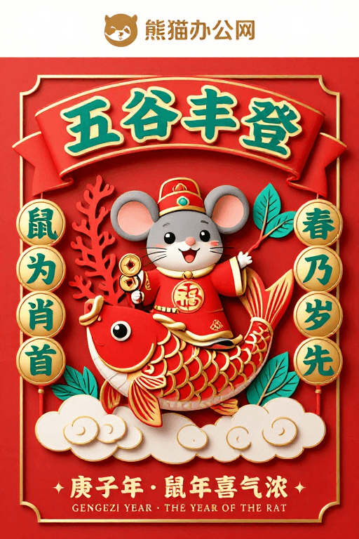 新年海报素材：鼠年吉祥贺岁：红色中国风插绘