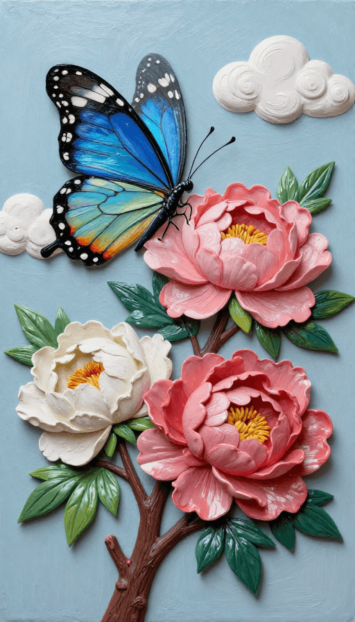 艺术背景素材：3D立体油画：树上盛开的牡丹与蝴蝶