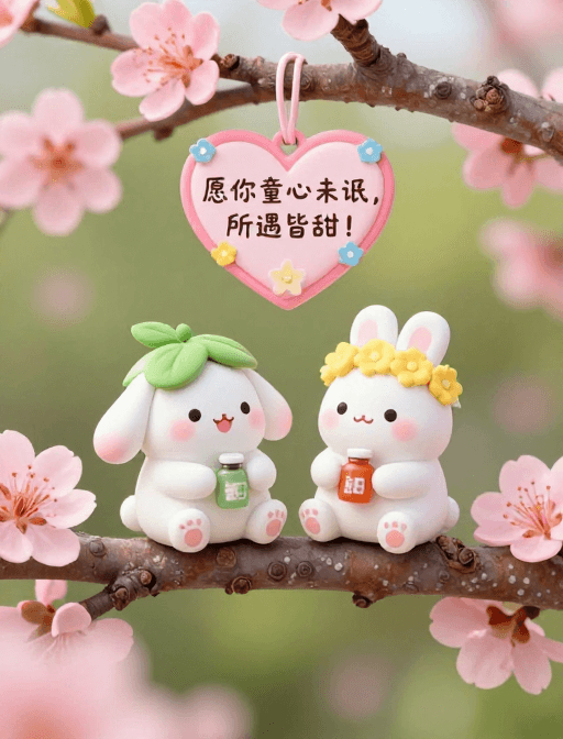 治愈系装饰素材：萌趣小兔坐粉花枝，童心未泯遇皆甜