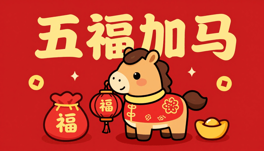 福文化素材：喜庆红底卡通马年插画，五福加马迎新年