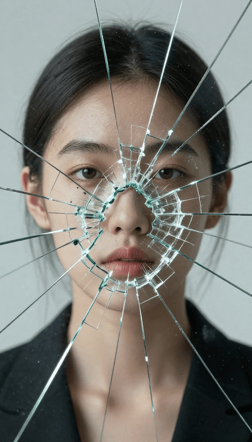 超现实主义素材：碎镜心痕：玻璃碎裂中的人脸隐喻