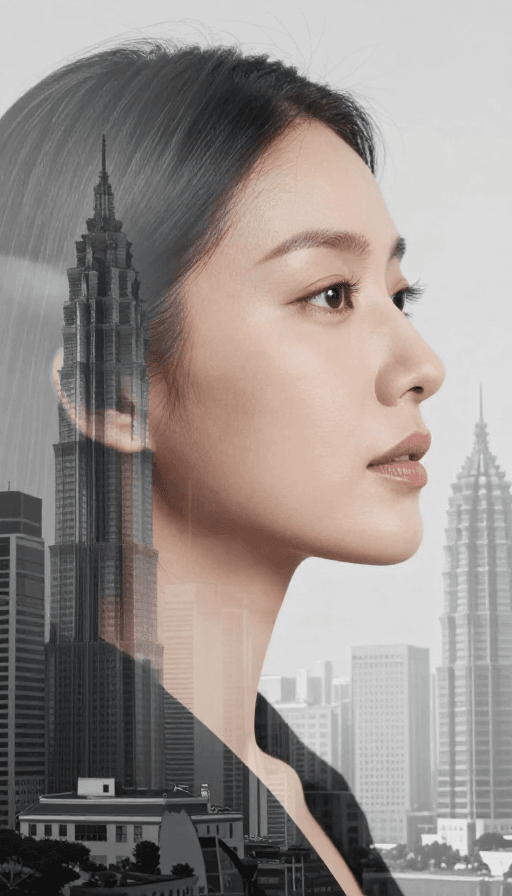 双重曝光素材：都市剪影中的沉静女性：黑白光影人像摄影