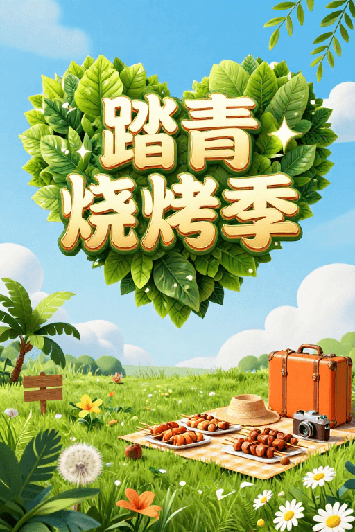 手绘质感素材：春日踏青烧烤季：自然野趣户外盛宴