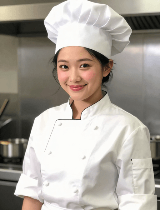 运动模糊人像素材：圆脸女厨师的厨房随手拍快照
