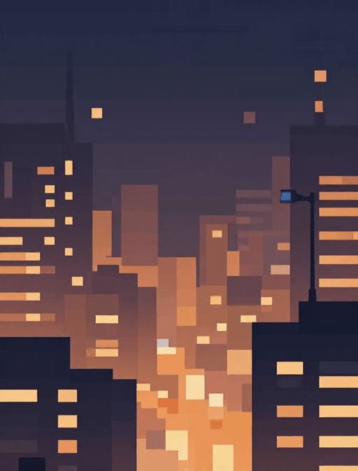 城市夜景素材：像素温暖夜景：柔和光线的城市中心构图