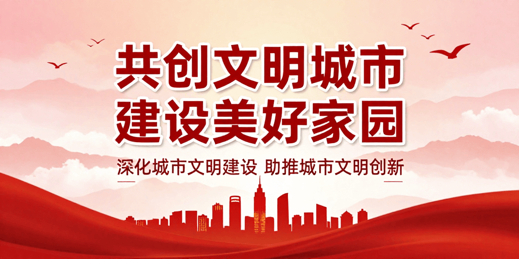 城市景观素材：红色海报彰显文明力量：共创美好家园