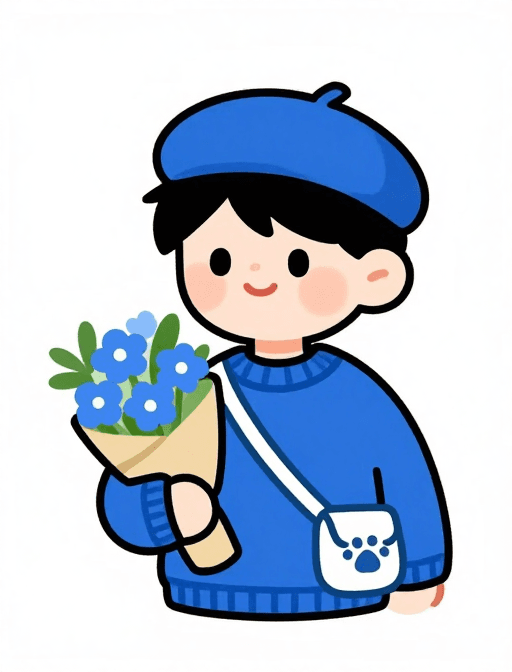 萌系可爱素材：萌趣插画：蓝衣贝雷帽小哥哥捧花