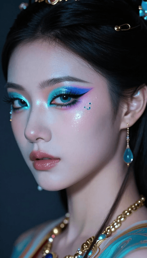 美妆摄影素材：赛博敦煌眼妆：冷调光影下的未来传统美学