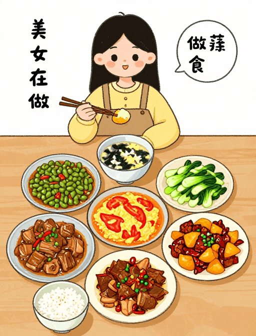 家庭料理素材：美食少女手绘漫画：家常菜制作瞬间