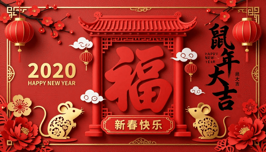 立体浮雕素材：红金配色立体福字中式新年海报