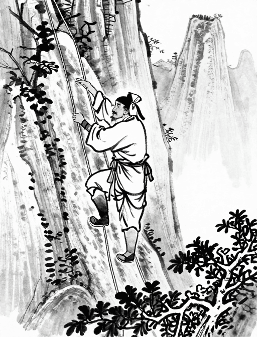 自然风景素材：明代徐霞客登山探险：黑白速写中的历史瞬间