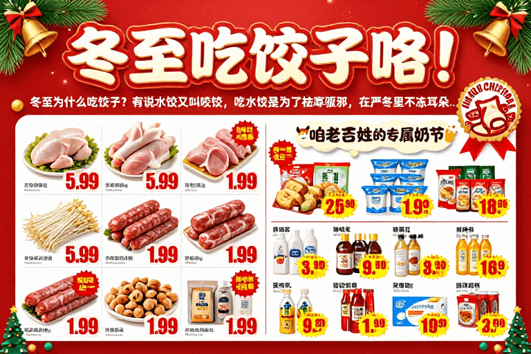 商业设计素材：冬至圣诞促销海报：红金主调双节优惠