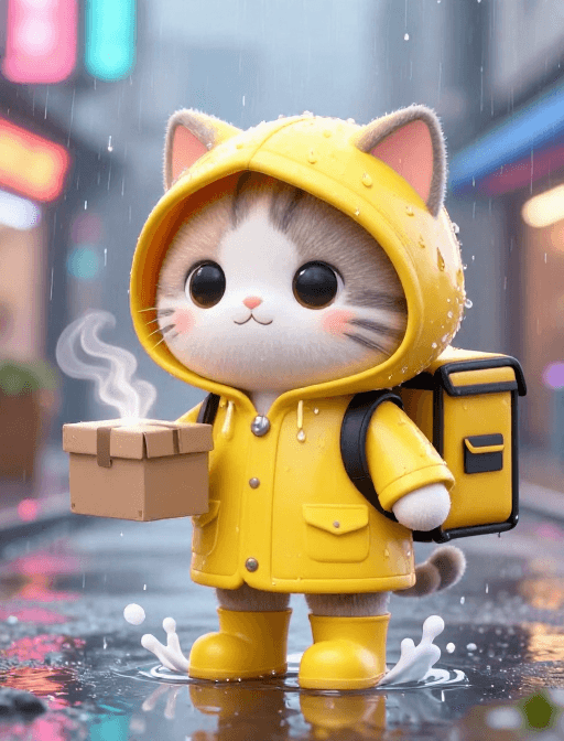 Q版卡通素材：萌趣雨天：Q版外卖猫雨中送餐暖光