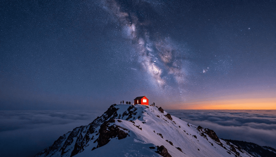 天文宣传素材：雪山顶巅星空夜：冷调蓝紫光影下的探险时刻