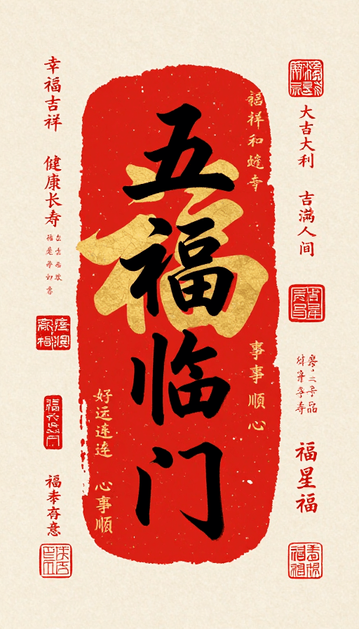 高细节渲染素材：韩天衡风国潮篆刻：五福临门