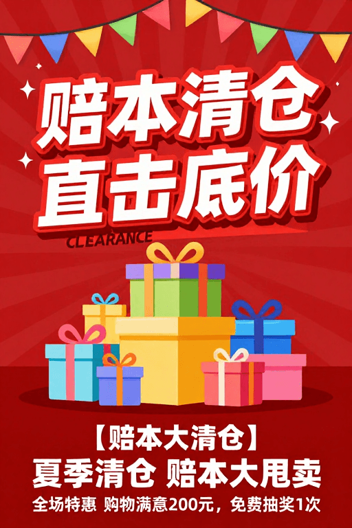 节日氛围素材：红色背景配多彩礼品盒，赔本清仓促销震撼发布
