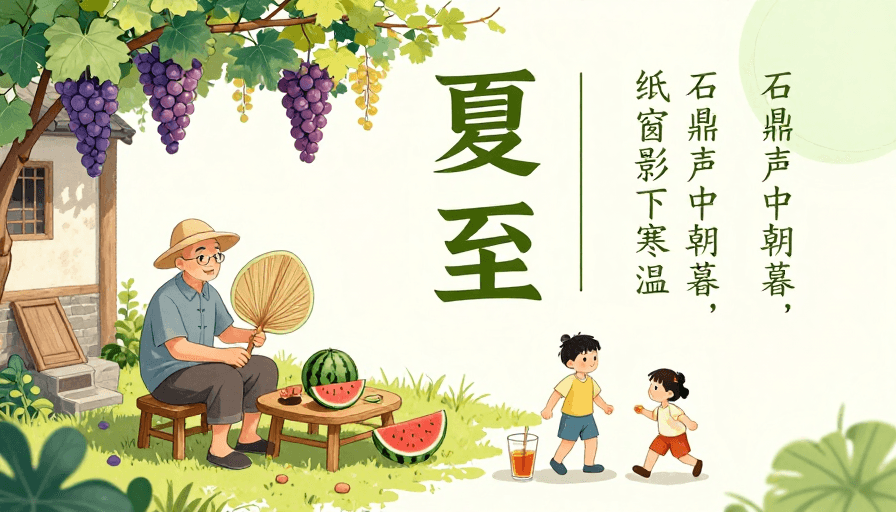 夏至素材：夏至诗意乡村生活插画海报