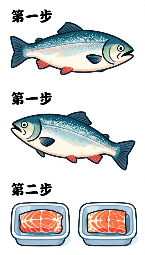 卡通插画素材：卡通三文鱼：从解冻到切片售卖的全流程