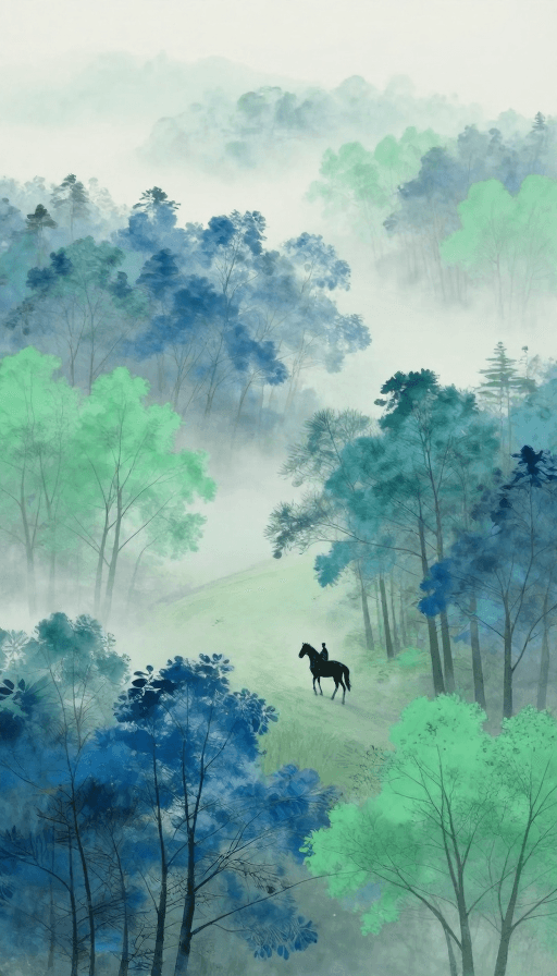 极简艺术素材：蓝色迷雾中的孤寂风景：东山魁夷式意境