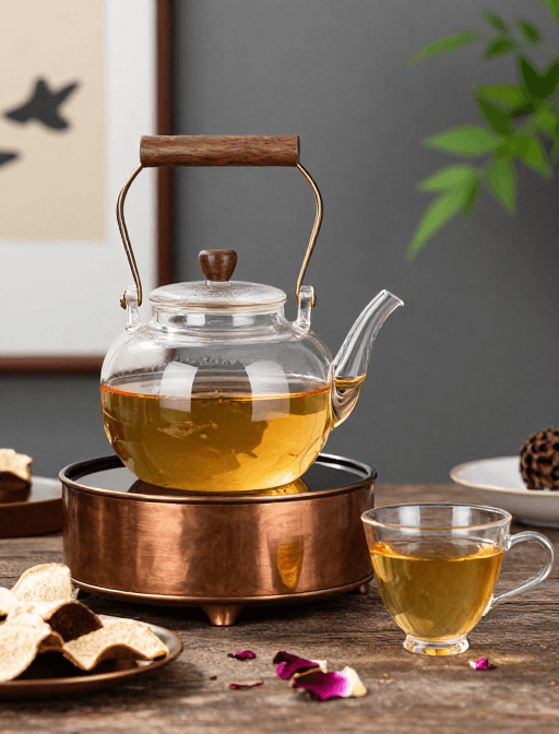 陈皮搭配素材：雅致茶饮时光：高硼硅铜木茶壶静享茶香