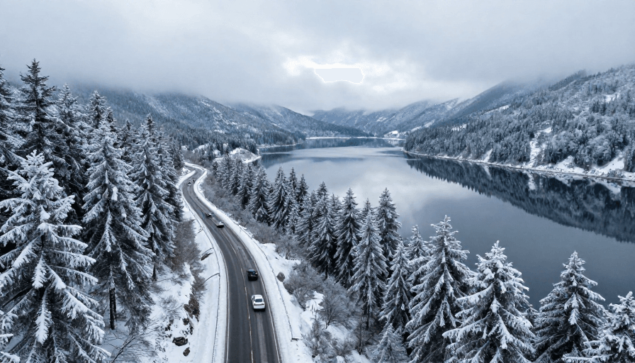 静谧湖泊素材：雪覆山谷公路蜿蜒，静谧湖映冬日美景