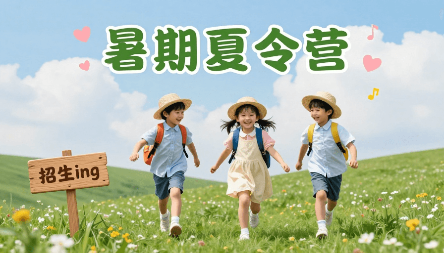 户外摄影素材：夏日欢笑：孩子们在绿茵山坡体验暑假夏令营乐趣