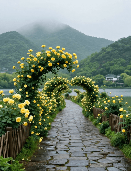 印象派风格素材：雨后绿山石径：黄色玫瑰拱廊的诗意春日