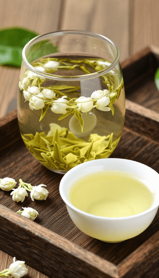 中式美学素材：清新雅致：写实风冲泡茉莉花茶特写