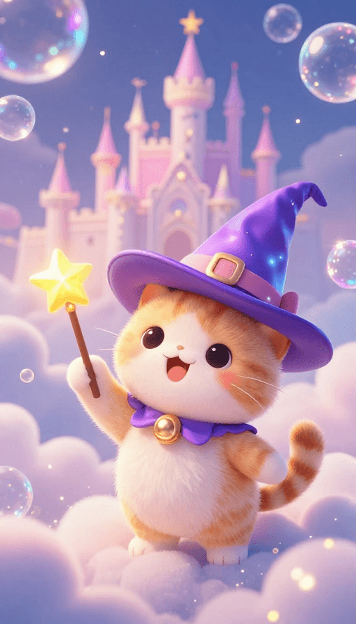 可爱萌宠素材：梦幻童话风魔法猫咪特写：云朵城堡中的荧光精灵