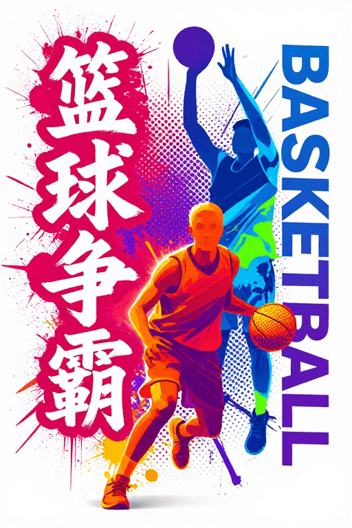 毛笔书法素材：活力撞色街头篮球海报：毛笔书法与数字艺术融合