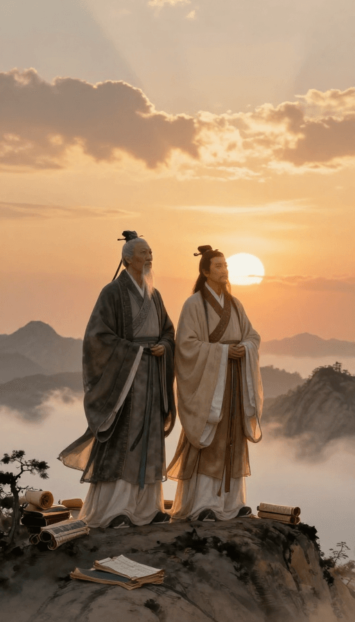 李白素材：暮年圣贤同辉：李白与孔子水墨画卷
