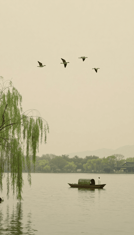 古风素材：古风诗意：湖畔柳影与归鸿