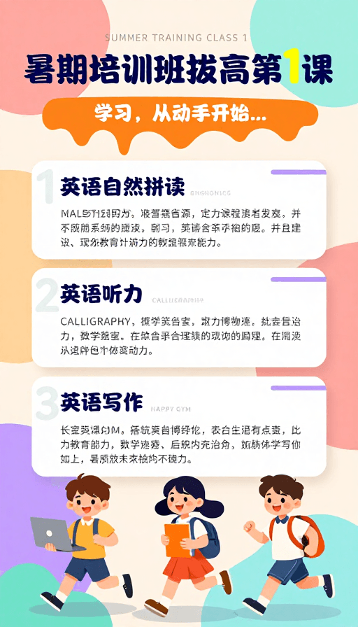 视觉焦点素材：夏日活力英语课程：扁平插画风格培训海报