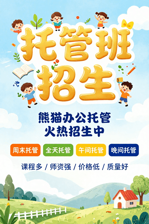 卡通设计素材：童趣水彩风儿童托管班招生宣传海报