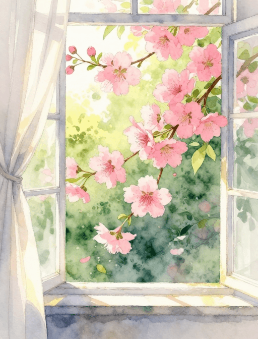 春日主题素材：窗边粉红繁花·清新春日水彩插画