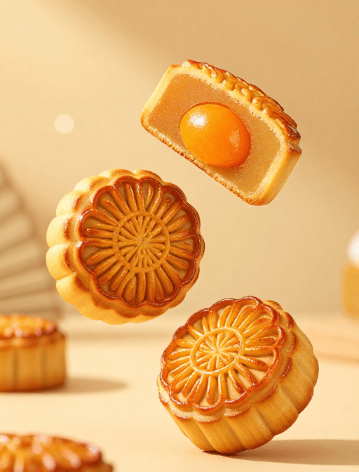 高清摄影素材：金黄流心广式月饼，中秋臻味呈现