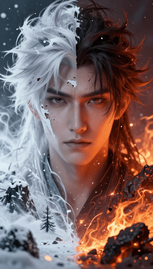 OC渲染素材：双界神明：雪火交织的超现实手绘肖像
