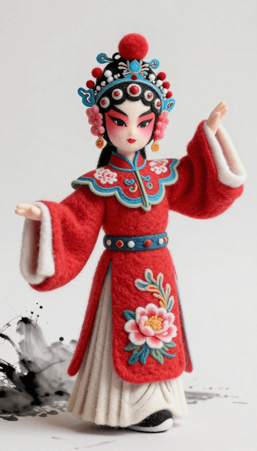 非遗技艺素材：京剧风3D羊毛毡凤穿牡丹玩偶艺术呈现