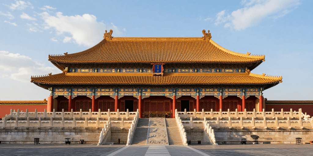 清晨光影素材：故宫太和殿晨光全景：古典建筑之美