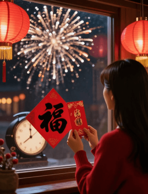 电影质感素材：新年光影：红衣女孩窗外烟火与时光倒流瞬间