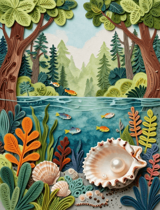 森林风景素材：衍纸艺术：秋日海洋与森林的梦幻水彩交织