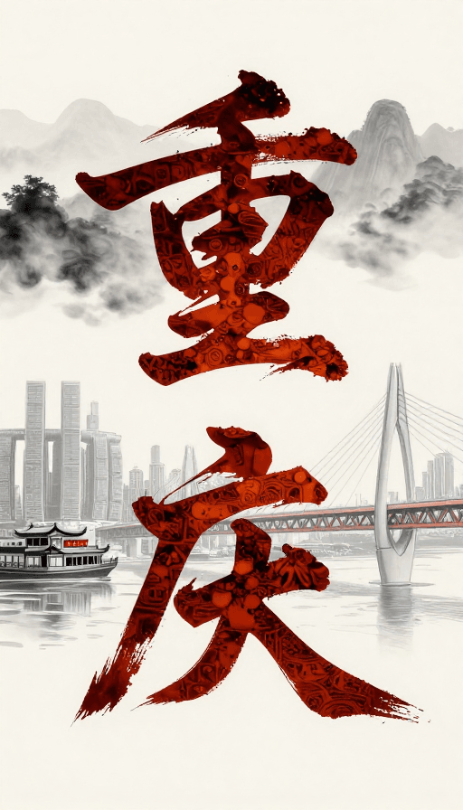 艺术插画素材：非遗水墨：重庆狂草与城市地标融合设计