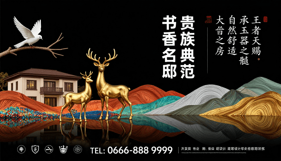 房地产广告素材：金饰瑞兽映照湖畔，新中式别墅彰显贵族风范