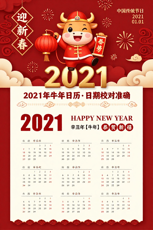 日历海报素材：2021年喜庆中国风牛年贺卡海报