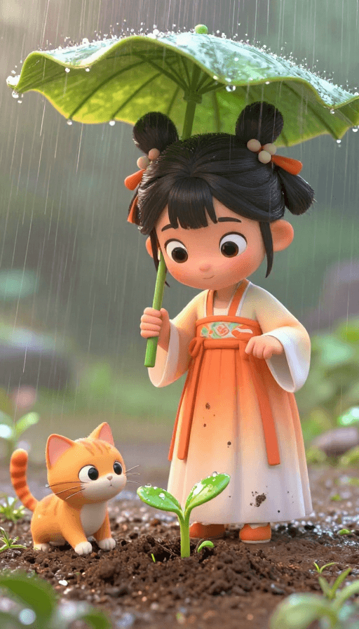 高细节渲染素材：雨中萌宝触嫩芽：皮克斯风3D卡通