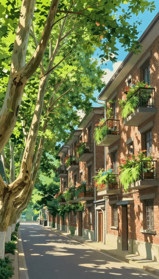 光影对比素材：南京梧桐街景：宫崎骏治愈风老街道插画