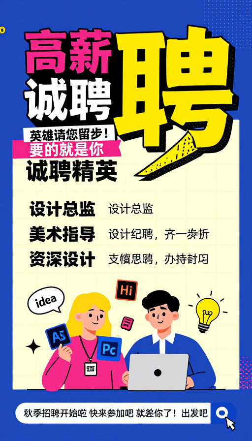 孟菲斯风格素材：孟菲斯风高薪诚聘海报，蓝黄玫红活力撞色设计